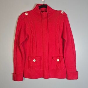 DENIM & CO Red Cable Knit Military Style Zipper Cardigan Sweater Womens Small